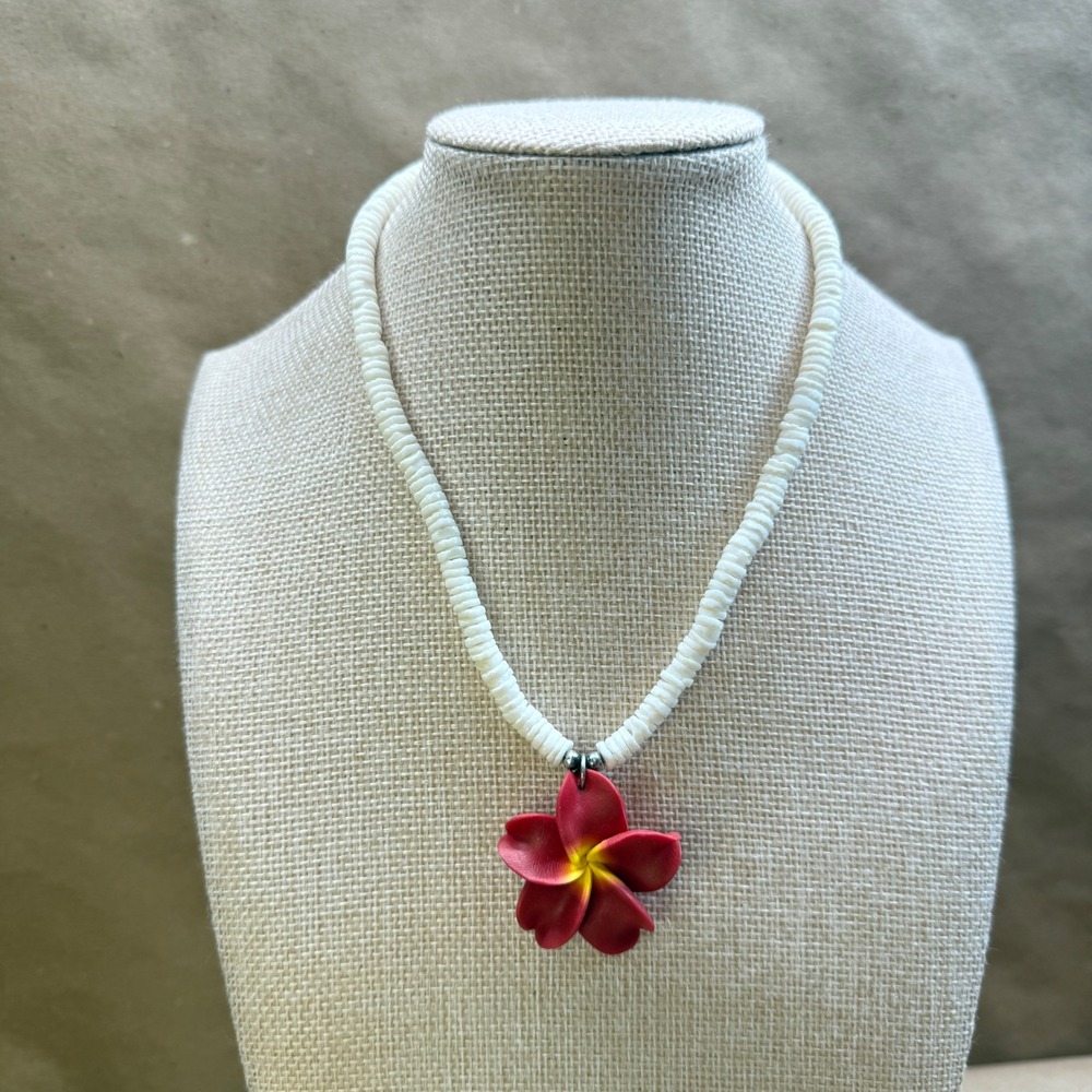 Red Plumeria Flower Pendant Necklace White Puka Shell Bead Hawaiian Tropical